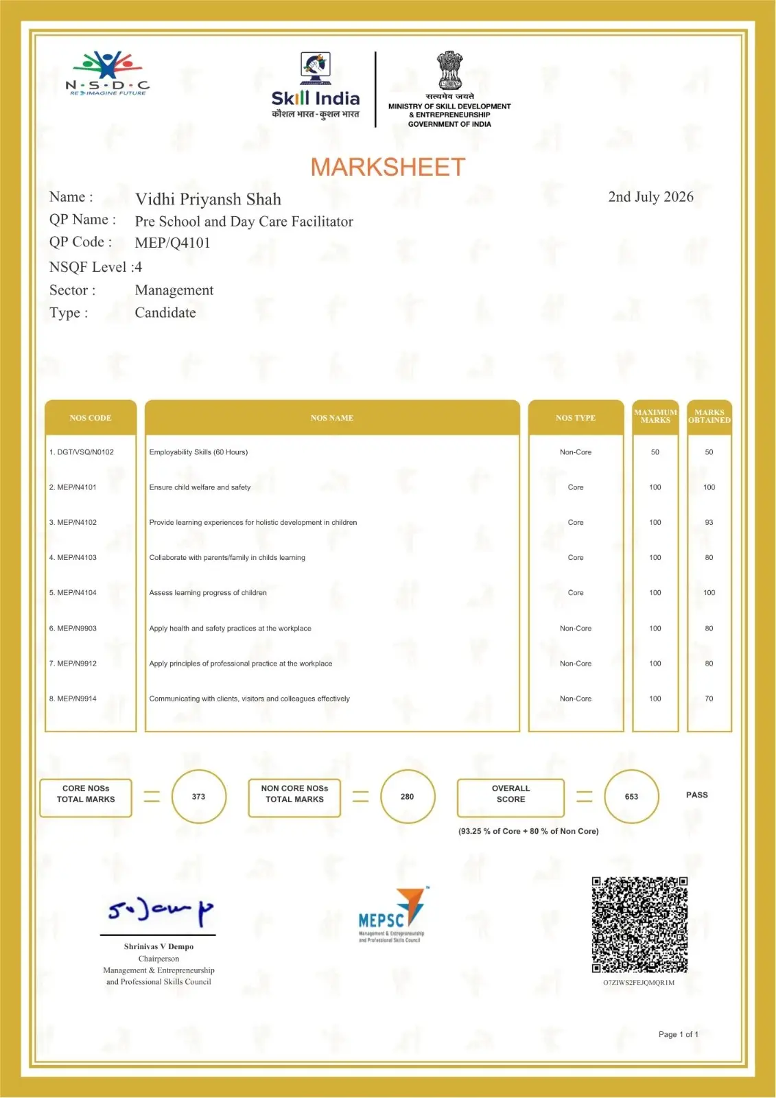 MEPSC Government Marksheet